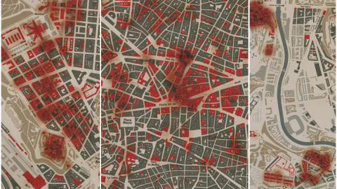 Mapa de los bombardeos durante la guerra civil en Argüelles, Carabanchel-Latina y el centro de Madrid. / ENRIQUE BORDES Y LUIS DE SOBRÓN