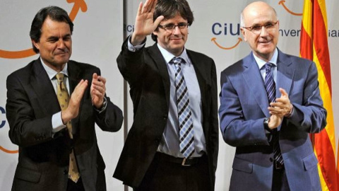 Fotografía de archivo de Artur Mas, Carles Puigdemont y Josep Antoni Duran Lleida durante un mitin en Girona. - EFE