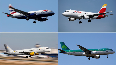 Aparatos de las aerolíneas que forman parte del grupo IAG, British Airways, Iberia, Air Lingus y Vueling. REUTERS