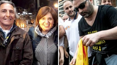 (I) Antonio Alemany, de España 2000, buscado por las agresiones del 9-O de 2017, junto a la presidenta del PP valenciano, Isabel Bonig. (D) El ultra Luis Miguel Jiménez, abogado de un corrupto de Emarsa, quemando una estelada. /IMÁGENES DE ARCHIVO