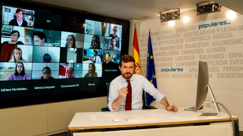 El líder del PP, Pablo Casado, en rueda de prensa telemática con periodistas. Fuente: PP