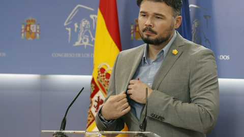 16/06/2020.- El diputado de ERC Gabriel Rufián, durante la rueda de prensa ofrecida este martes en el Congreso. EFE/Ballesteros