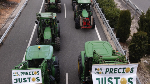 Cerca de un millar de tractores han cortado las carreteras A-92 y A-45 en su paso por Antequera para protestar por los bajos precios de origen./ Jorge Zapata (EFE)