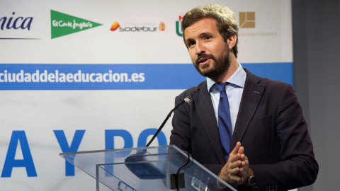 El presidente del Partido Popular, Pablo Casado, durante su intervención en la VIII Edición del curso de verano "Prensa y Poder", organizado por el Colegio San Gabriel bajo el título "La España vacía y vaciada tras la pandemia. De la realidad actual 