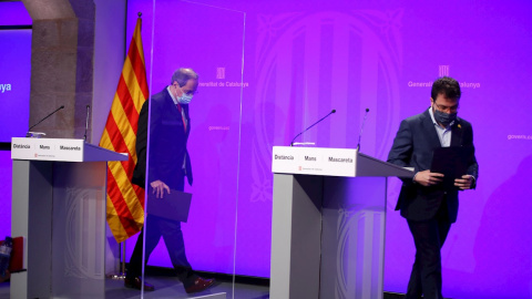 El presidente de la Generalitat, Quim Torra, junto a su vicepresidente Pere Aragonés. - EFE