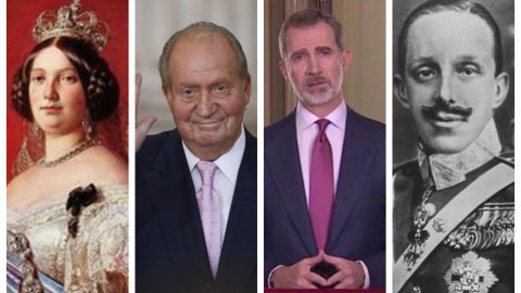 De izquierda a derecha: Isabel II, Juan Carlos I, Felipe VI y Alfonso XIII