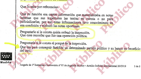 Fragmento de la declaración de Villarejo, en prisión, ante el juez de Arganda del Rey, por comisión rogatoria de la Justicia de Andorra.