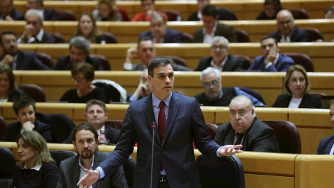 El presidente del Gobierno, Pedro Sánchez, interviene para responder a la oposición en el pleno del Senado. EFE/Kiko Huesca