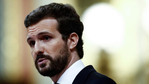 25/03/2020.- El presidente del Partido Popular, Pablo Casado, durante su intervención en el pleno del Congreso que se celebra hoy miércoles en Madrid. Además de la convalidación de los decretos económicos para paliar las consecuencias sociales de la 