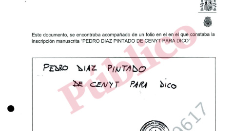 Documento manuscrito hallado en el registro de uno de los inmuebles del comisario Villarejo, que relaciona su empresa Cenyt con un encargo del ex número 2 de la Policía, pedro Díaz Pintado, en sus funciones de director de Seguridad de la inmobiliaria D