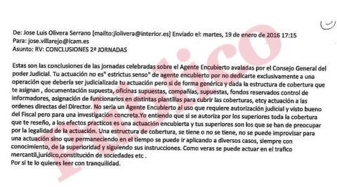 En este correo que también consta en el sumario de 'Tándem', el comisario José Luis Olivera instruye a su compañero Villarejo sobre por qué no es un agente encubierto.