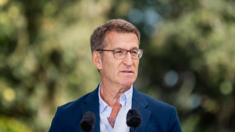 El presidente del Partido Popular, Alberto Núñez Feijóo, durante la inauguración del curso político en el Castillo de Soutomaior, a 27 de agosto de 2023, en Pontevedra, A Coruña, Galicia (España).