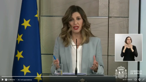 Yolanda Díaz, ministra de Trabajo y Economía Social, en su comparecencia de este viernes en la rueda de prensa posterior al Consejo de Ministros.