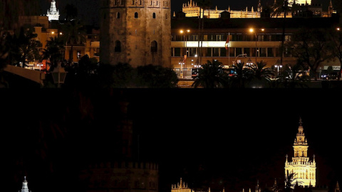 Composición del antes y el después del apagado de la Torre del Oro de Sevilla que se ha sumado este sábado a la Hora del Planeta, una iniciativa promovida por WWF, que ha supuesto el apagado durante una hora (20:30 a 21:30) de los edificios y monumento