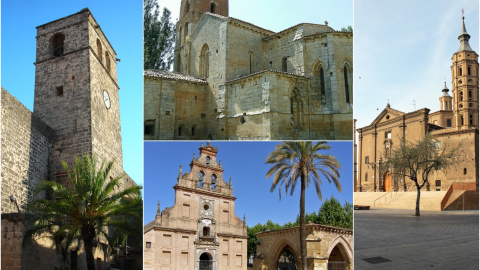 De izq. a der., algunos templos inmatriculador por la Iglesia: el campanario y ábside de la Iglesia-Fortaleza de Sant Bertomeu (Xàbia, Alicante); la Iglesia de Santa Cruz de Ribas (Palencia); el santuario de la Fuensanta (Córdoba); y la Iglesia de San 