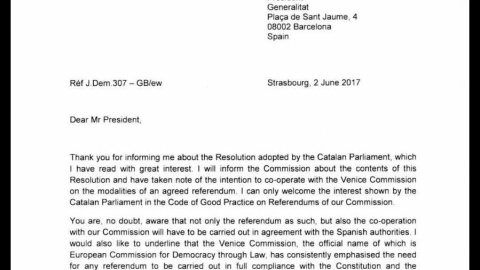 Carta del president de la Comissió de Venècia adreçada al president de la Generalitat