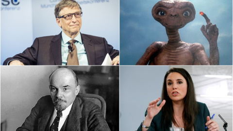 Bill Gates (arriba a la izquierda), ET (arriba a la derecha), Irene Montero (bajo a la izquierda) y Lenin (bajo a la derecha).