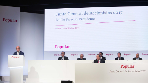 El presidente del Banco Popular, Emilio Saracho, durante su intervención en la junta de accionistas de la entidad. E.P.