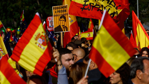 Imagen de la manifestación contra la amnistía convocada por el PP en la madrileña Plaza de la Cibeles. REUTERS/Susana Vera