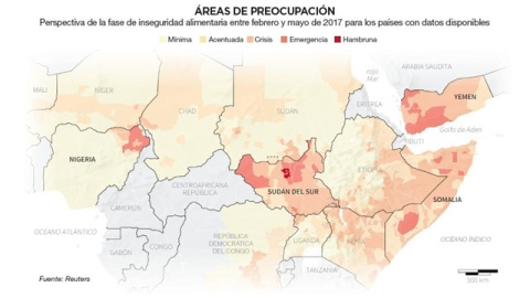 Cuatro países situados entre África Central y Oriente Medio —Nigeria, Somalia, Sudán del Sur y Yemen— se encuentran en riesgo de inanición a causa de los conflictos bélicos y la sequía / REUTERS