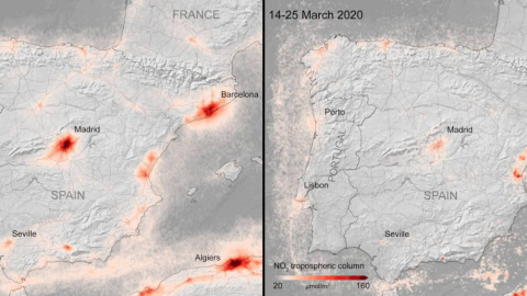 Diferencias en las concentraciones de dióxido de nitrógeno, uno de los principales contaminantes emitidos por los vehículos y la industria, entre marzo del año pasado y este en España. / ESA