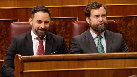 El líder de Vox, Santiago Abascal (i), y el portavoz del partido, Iván Espinosa de los Monteros, asisten a la sesión de control celebrada, este miércoles, en el Congreso de los Diputados en Madrid. EFE/ Ballesteros