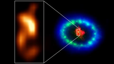 La supernova 1987A en la actualidad y detalle de la mancha caliente observada./ALMA (ESO/NAOJ/NRAO)