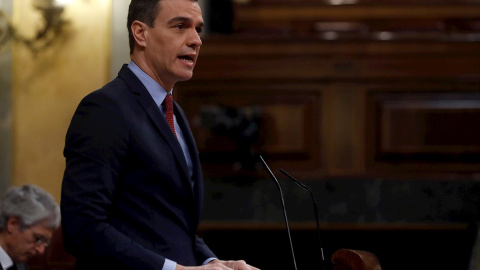 El presidente del Gobierno, Pedro Sánchez, durante su intervención en la sesión de control al ejecutivo celebrada este miércoles en el Congreso. EFE/J.J. Guillén POOL