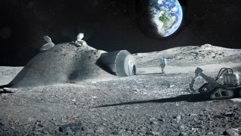 Las futuras bases lunares se podrían construir con impresoras 3D que mezclen materiales como el regolito lunar, el agua y la orina de los y las astronautas. / ESA, Foster and Partners