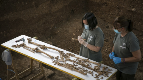 Personal técnico trabajando en la exhumación de la fosa común de Pico Reja, una de las mayores fosas del franquismo, ubicada en el cementerio de San Fernando, en Sevilla. María José López / Europa Press