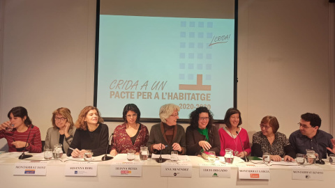 Roda de premsa de la Crida per Pacte per a l'Habitatge al Col·legi de Periodistes. Maria Rubio