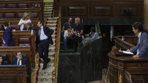 El líder de Podemos, Pablo Iglesias, durante su intervención hoy en el Congreso de los Diputados. - EFE