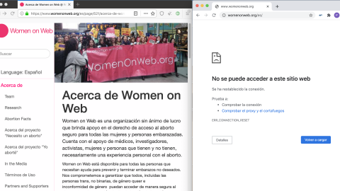 La página de la oenegé Woman on Web bloqueada por Telefónica / Movistar, visible desde el navegador Tor.