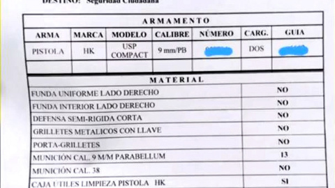 Documento de la Policía Nacional que certifica la entrega del arma de Jandro Lion.