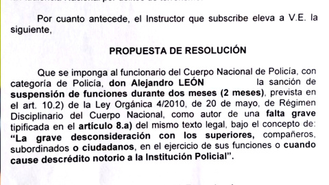 Propuesta de resolución de suspensión de dos meses de empleo para el policía apodado Jandro Lion.