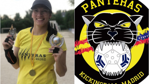 La jugadora de kickingball Adriana Ferrer y el escudo de las Panteras.