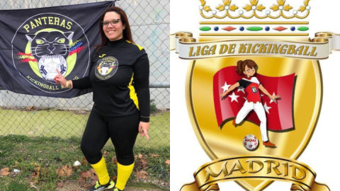 La jugadora Johani Chávez y el logo de la liga madrileña de kickingball.