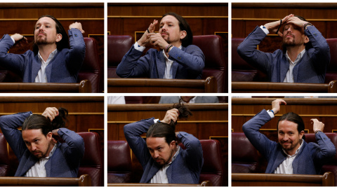 Combinación de fotos del líder de Podemos, en su escaño, arregandose su coleta, durante la moción de censura contra Mariano Rajoy. REUTERS/Juan Medina