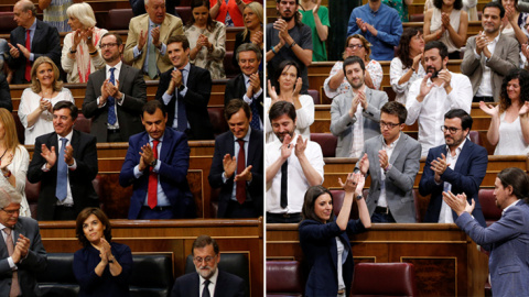 Combinación de fotos de los diputados de Unidos Podemos y del PP aplaudiendo a sus líderes. REUTERS