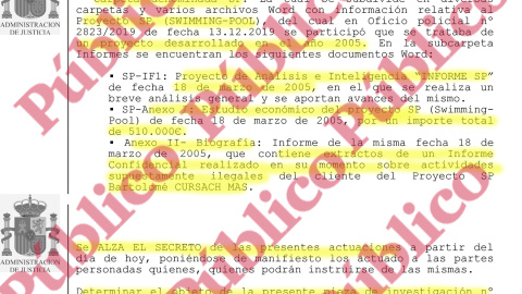 Fragmentos del auto del magistrado García Castellón en el que determina "el análisis y la investigación" del Proyecto SP contenido en el informe de Villarejo a Cursach sobre la campaña mediática de Pedro Jota e Inda en Baleares.