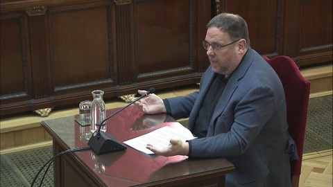 Imagen tomada de la señal institucional del Tribunal Supremo, del exvicepresidente de la Generalitat Oriol Junqueras, durante su turno de palabra en la última jornada del juicio al 'procés'. - EFE