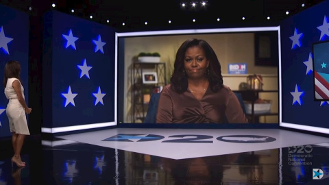 La ex primera dama de EEUU Michelle Obama interviene por videoconferencia en la primera jornada de la Convención Demócrata para proclamar a su candidato a las elecciones presidenciales en EEUU, Joe Biden, en Milwaukee (Wisconsin, EEUU). EFE/EPA/DEMOCRAT