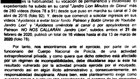 Extracto del expediente disciplinario contra el policía y youtuber Jandro Lion.