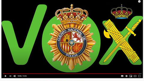 Montaje de los escudos del CNP y la Guardia Civil sobre el logotipo de VOX, fabricado por Jandro Lion para el último vídeo su canal de YouTube.