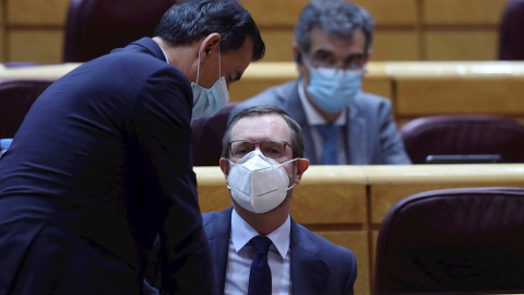 El portavoz del PP en la cámara alta, Javier Maroto, durante la sesión del control al Gobierno celebrada este martes en el Senado. EFE/Kiko Huesca