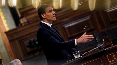 El presidente del Gobierno, Pedro Sánchez, durante su intervención ante el pleno del Congreso que vota este miércoles la última prórroga del estado de alarma. /EFE