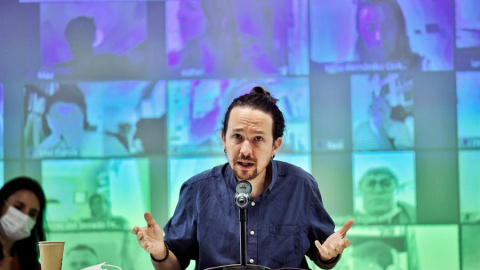 El secretario general de Podemos y vicepresidente segundo del Gobierno, Pablo Iglesias, interviene ante el Consejo Ciudadano de Podemos celebrado este sábado en Madrid / EFE