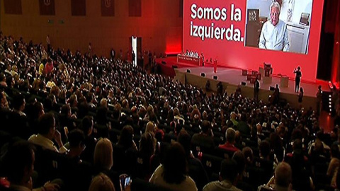 Felipe González, expresidente del Gobierno, durante su saludo, grabado en video desde Colombia, a los delegados del Congreso Federal del PSOE, que se ha inaugurado esta mañana en Madrid. EFE/EFE TV