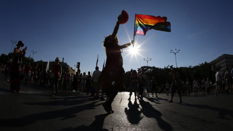 Un participante con la bandera del arco iris en la manifestación del Orgullo LGTB ,la más grande de Europa, que hoy recorre el centro de Madrid bajo el lema "Leyes por la igualdad real ¡ya!. Año de la visibilidad bisexual en la diversidad". EFE/Juan C