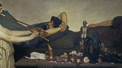 Plácida cabezada entre hombres patrocinada por afrodita en 'La siesta' de Lawrence Alma-Tadema